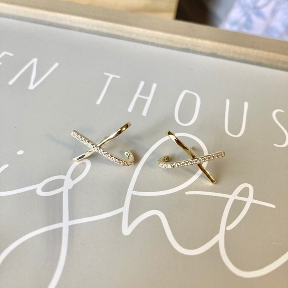 Sterling Silver Crisscross Simulated Diamond Gold Earrings - Picture 5 of 9